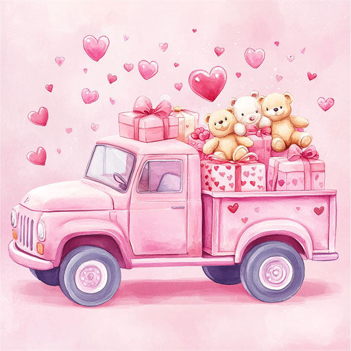 Pink truck with gifts and teddy bears, hearts flying