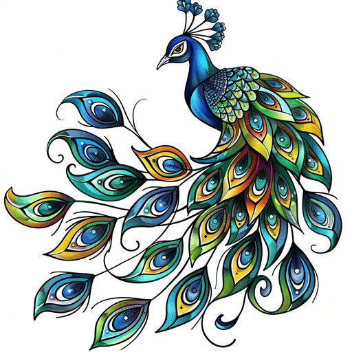 Flat clipart style tattoo sketch of an elegant peacock