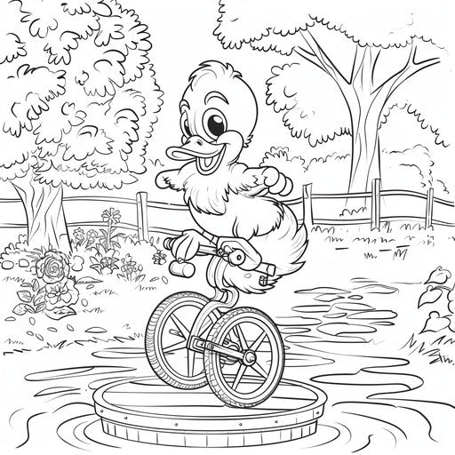 Comical duck on unicycle in park. Coloring book page