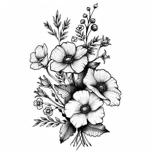 Monochrome wildflower bouquet in flat tattoo style