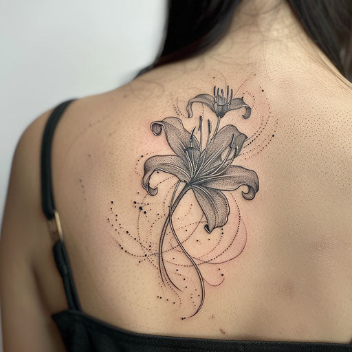 Stylized spider lily tattoo with pointillism technique