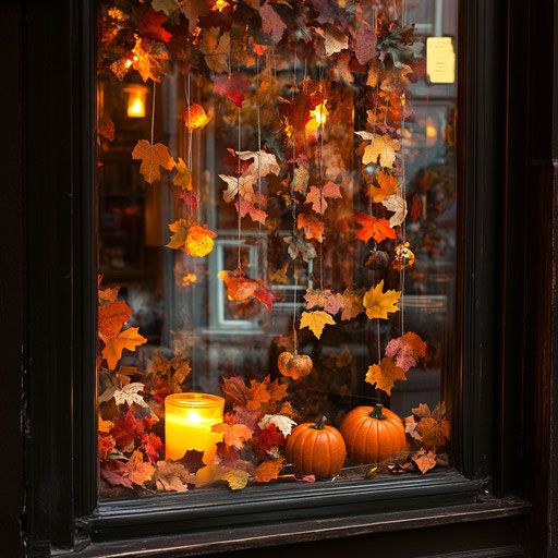 Autumn window display with leaf garlands and pumpkins