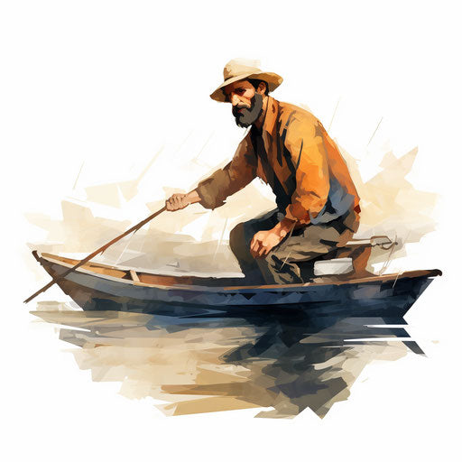 Fisherman artwork in the Impressionistic Art style, on white background
