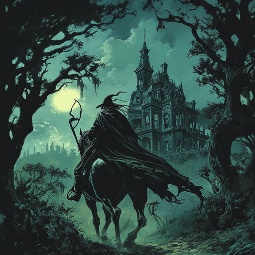 The shadowy rider approaching the haunted mansion