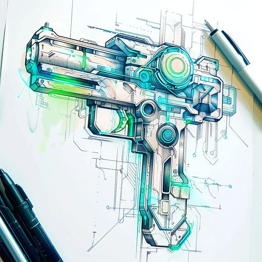 Futuristic tattoo sketch of an electronic key with neon blue and green accents
