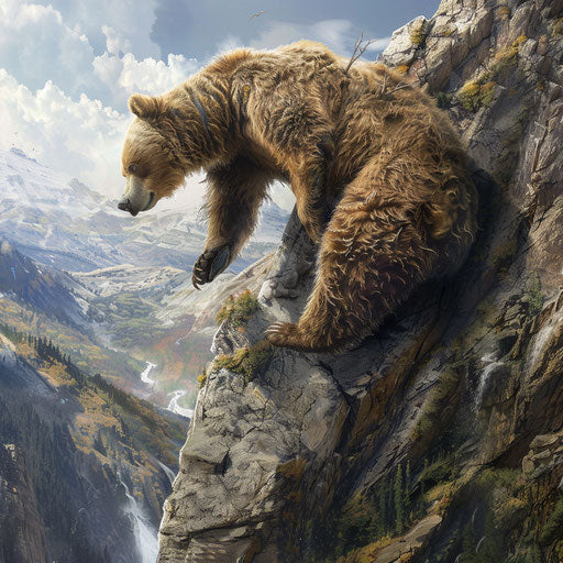 Grizzly bear climbs rugged cliff to mountain plateau