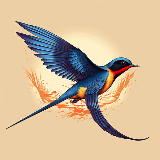 Flying bird with blue bird, tattoo style, primary colors