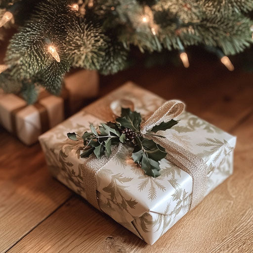Gift under twinkling tree with mistletoe tied to the bow