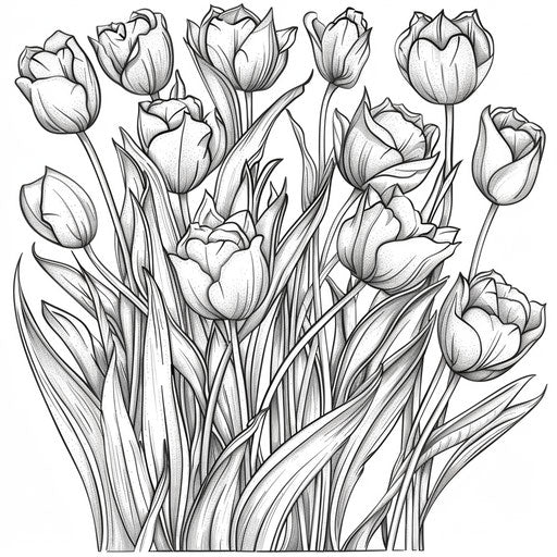 Intricate tulip bouquet, coloring book page
