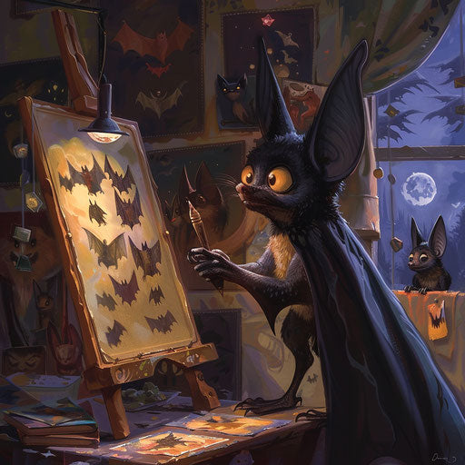 Bat curating midnight gallery opening showcasing nocturnal