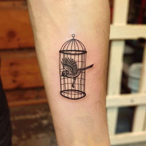 Classic tattoo sketch of a bird escaping from a cage