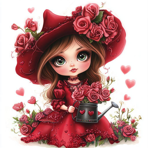 Valentine's Day cute witch with pink roses and hearts
