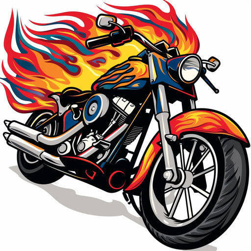 Motorcycle and flames tattoo in American traditional style on canvas