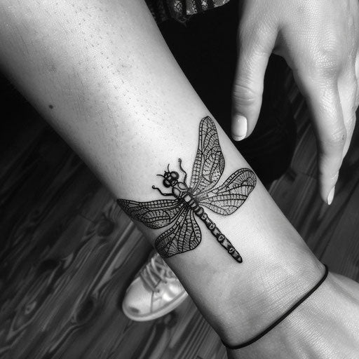 Tattoo sketch of an elegant dragonfly with intricate lace patterns for wrist coverup tattoo for women