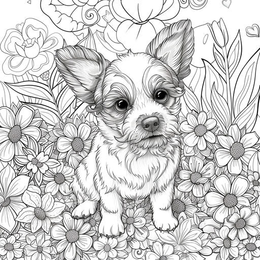 An adorable puppy in a whimsical garden full of giant flowers
