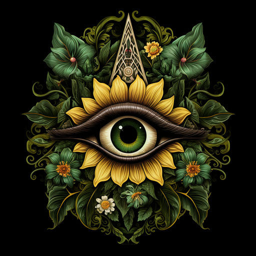 All seeing eye in black and white, dark amber and green style