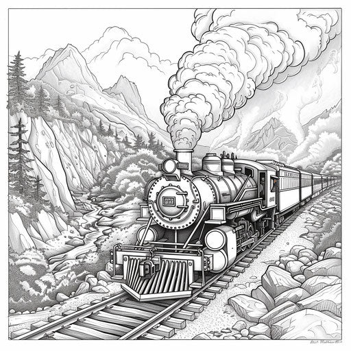 Detailed steam locomotive chugging through a mountain pass