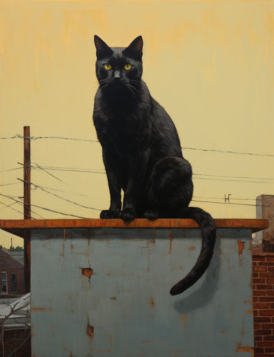 Black cat sitting on a fence, stonepunk style, suspended, soft-edged, handsome, concore, staining, toraji 24:31