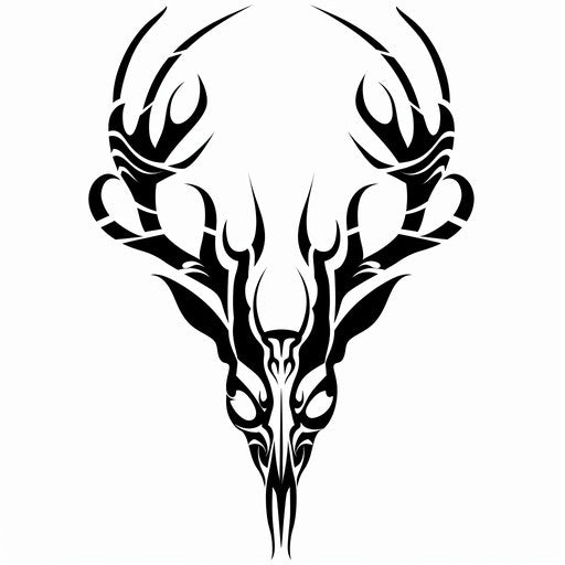 Tribal style deer skull tattoo with bold black swirls