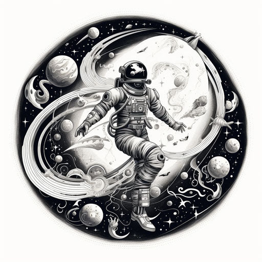 Black and white drawing of space man with spaceship