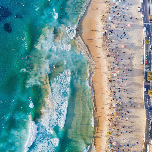 Bondi Beach, Australia: Aerial view of pristine coastline and bustling activity