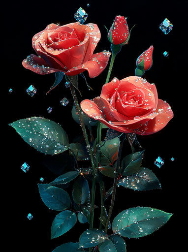Three red roses and crystals on black background