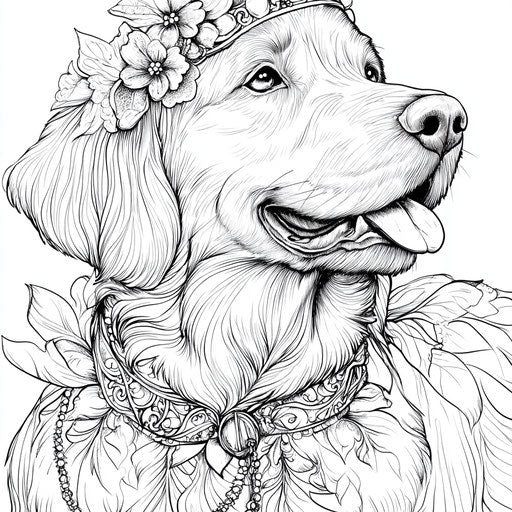 Coloring book page of a golden retriever with stylish accessories