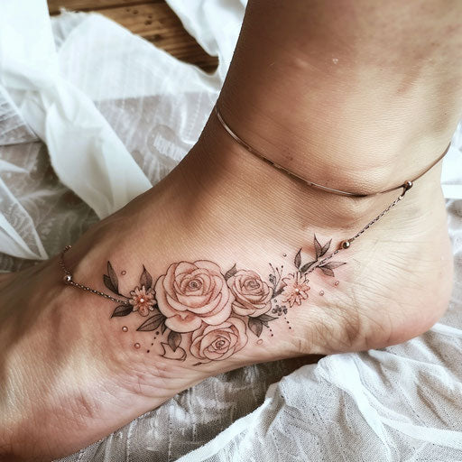 Romantic flat tattoo sketch of an ankle bracelet with soft watercolor roses