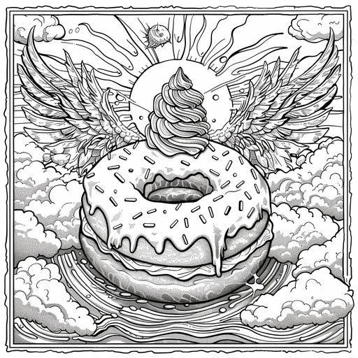 A whimsical donut with wings and a halo in a fantasy scene