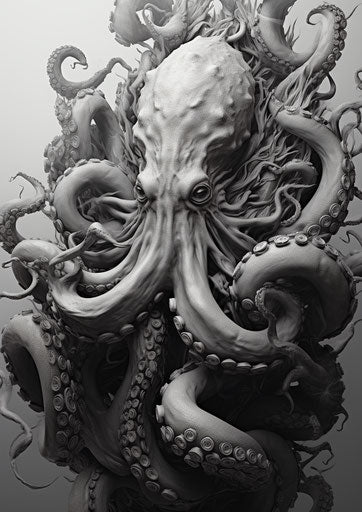 Engraving of an octopus with tentacles, precise nautical detail