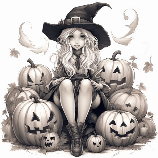 The cute Halloween witch sitting among pumpkins to color, in the style of cybermysticsteampunk, black and white realism, fantasy-based, rtx on, carving
