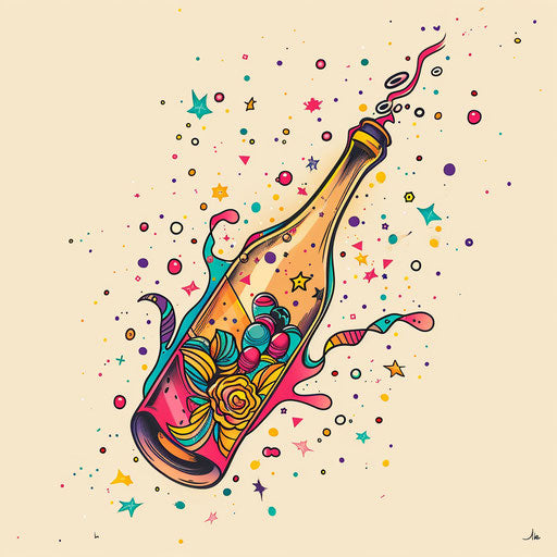 Elegant sketch of a champagne bottle popping, in bright festive colors