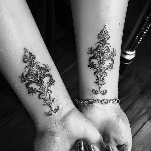Mother and daughter tattoos of gothic floral patterns, in the style of Gerald Brom, on the wrist