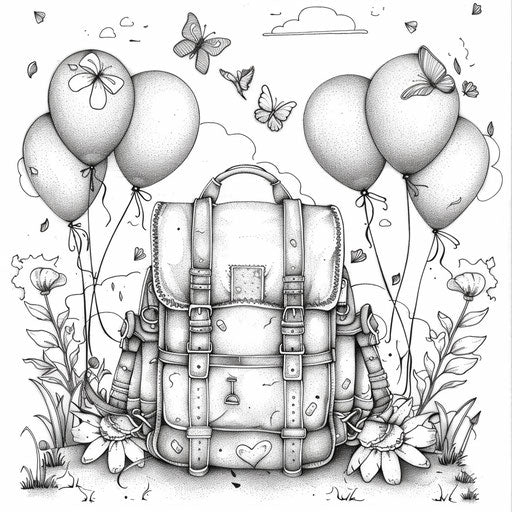 Flying backpack with balloons, coloring book page
