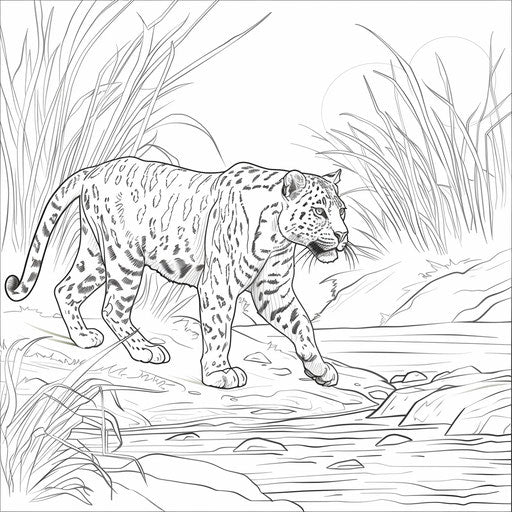 Black panther walking gracefully along a riverbank