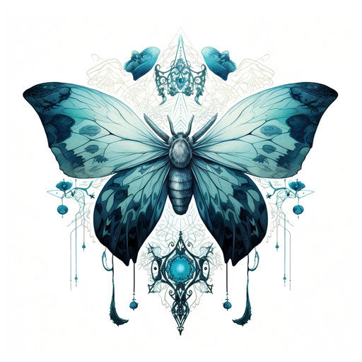 Blue moth in the style of gothic linear illustration