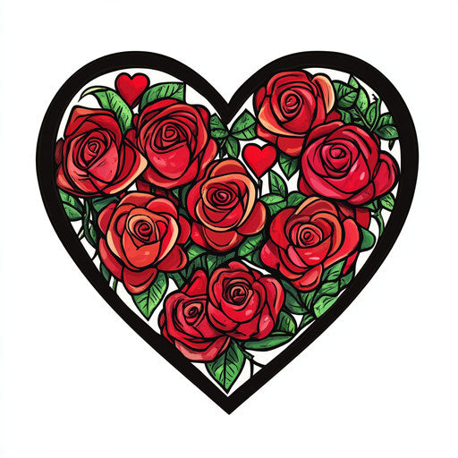 Heart-shaped design with red roses and hearts, David Hockney style