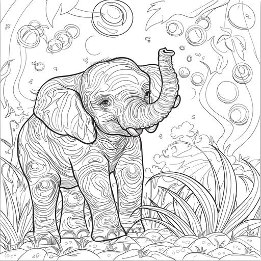 A playful elephant blowing bubbles with its trunk. Coloring book page