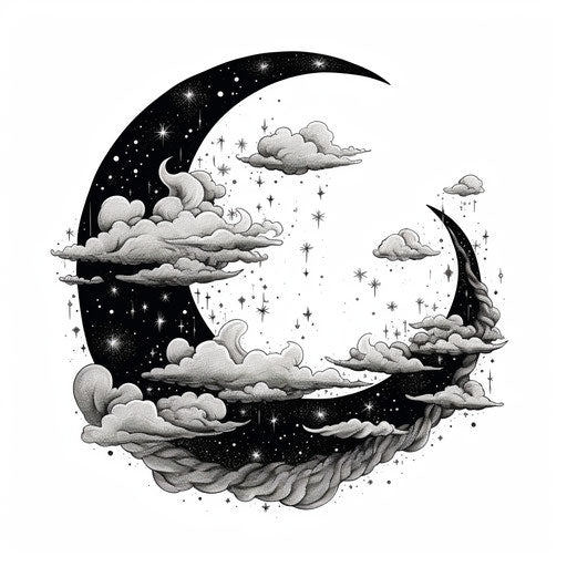 Crescent and clouds in black and white, vintage style