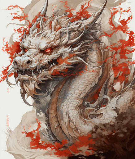 Red dragon on beige background, high-contrast realism style