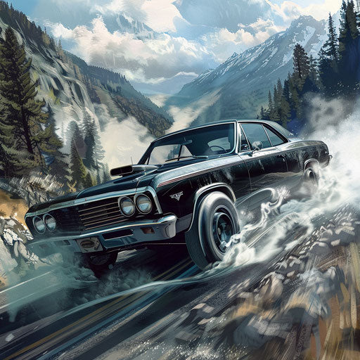 1967 Chevy Bel Air drifts, smoke on mountain pass