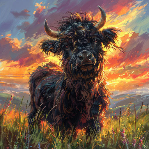 Yak calf playing in a meadow with a vibrant sunset