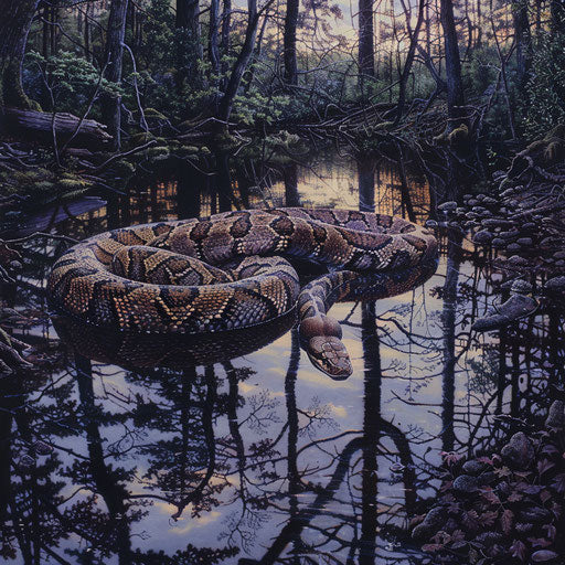 Reflection of a rattlesnake in the still water of a forest creek at twilight
