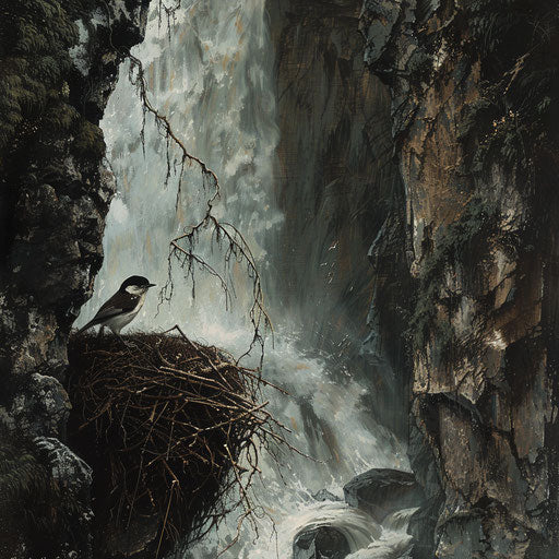 Creeper bird in nest hidden at base of waterfall