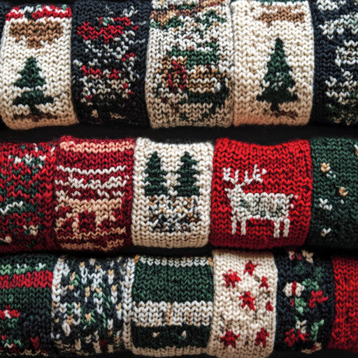 A border of knitted Christmas sweaters with various patterns