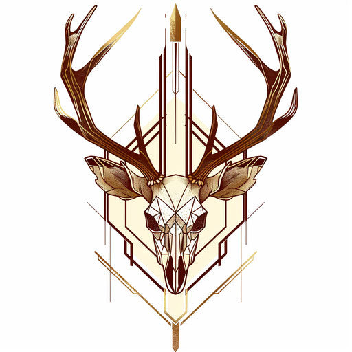 Art deco inspired deer skull tattoo with elegant golden lines