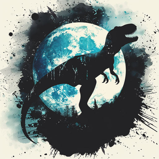 Minimalist flat T rex silhouette with moon backdrop