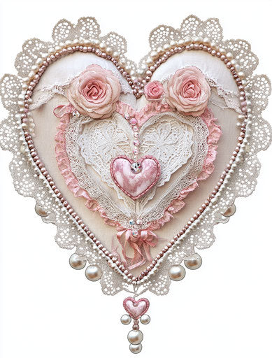 Valentine's Day heart, lace and beads, beaded garland