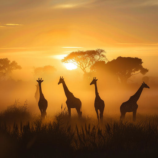 Misty morning on the savanna, giraffes emerging from the fog as the sun rises