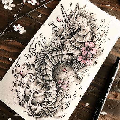 Japanese ink style seahorse tattoo sketch with waves and cherry blossoms